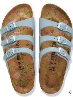 Birkenstock Triple-Strap Sandals in Pure Sage with Floral Footbed
